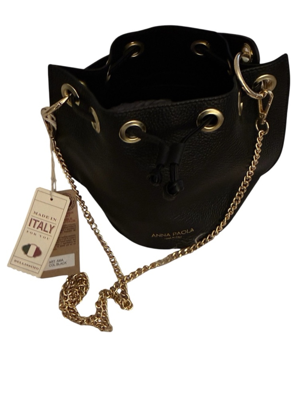 NWT Anna Paola bucket bag.  Crafted in Italy from black pebbled leather.
